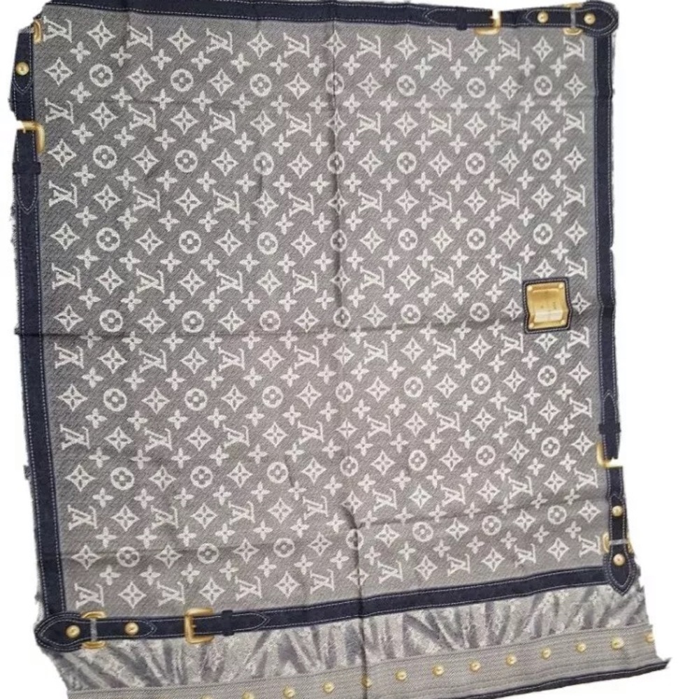 LOUIS VUITTON 100%SILK SCARF DENIM BLUE MONOGRAM